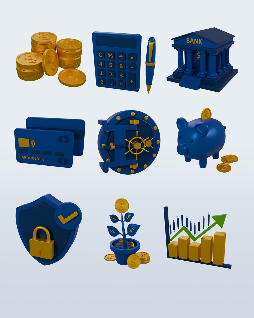 3D banking and finance icons in a blue and gold style. 