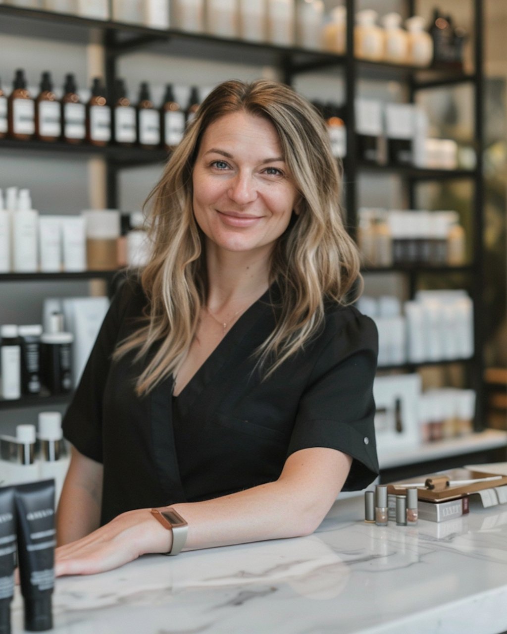 Professional esthetician in a beauty spa boutique with organic skincare products on shelves.