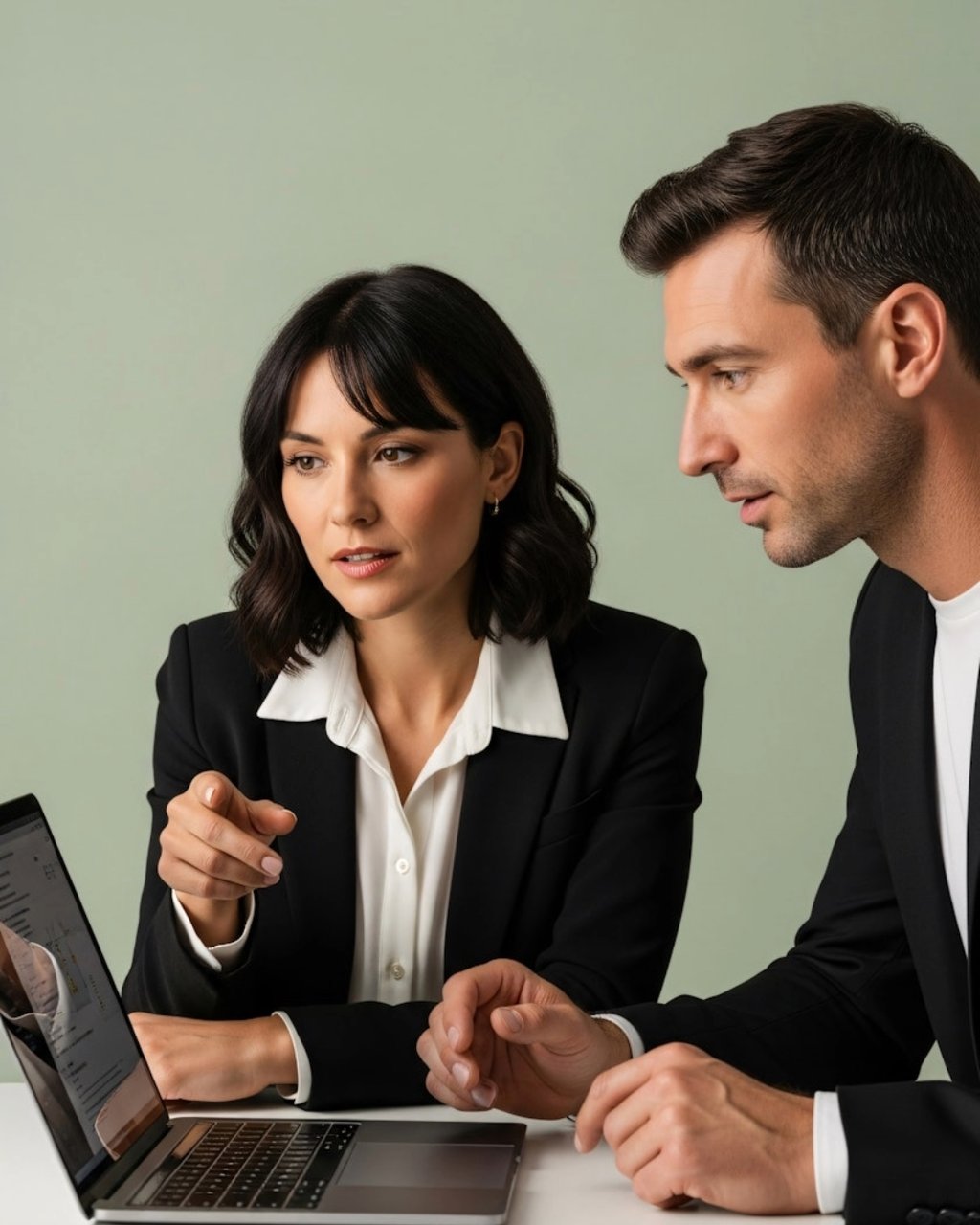 Professional business colleagues in suits collaborating on a laptop project in a modern office.
