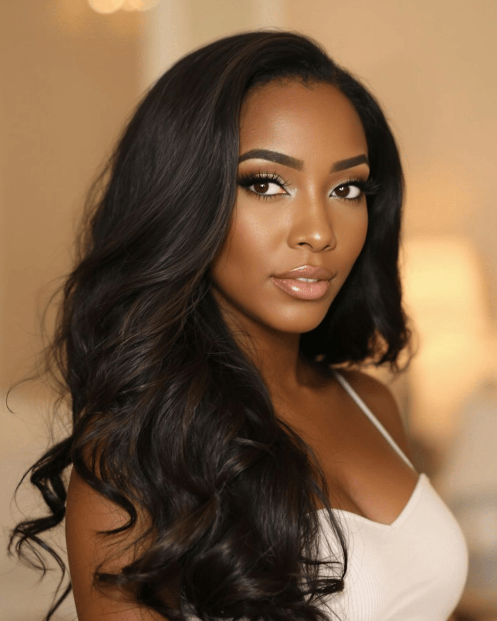 Beautiful woman with voluminous dark wavy hair and glam makeup posing in a soft-lit indoor setting.