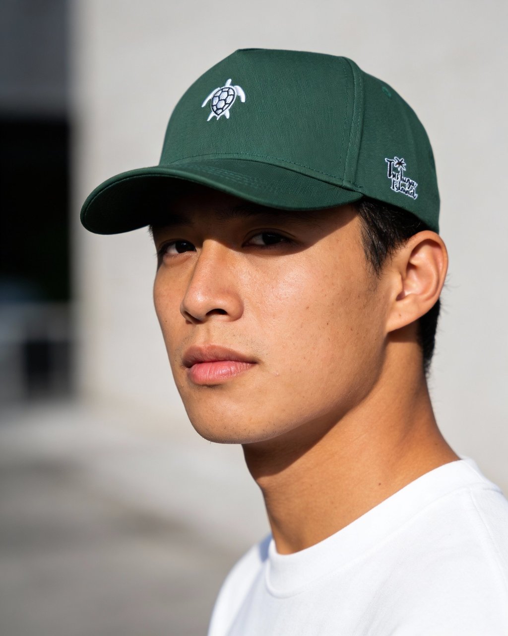 A man wearing a dark green baseball cap with a white turtle logo and palm tree embroidery.