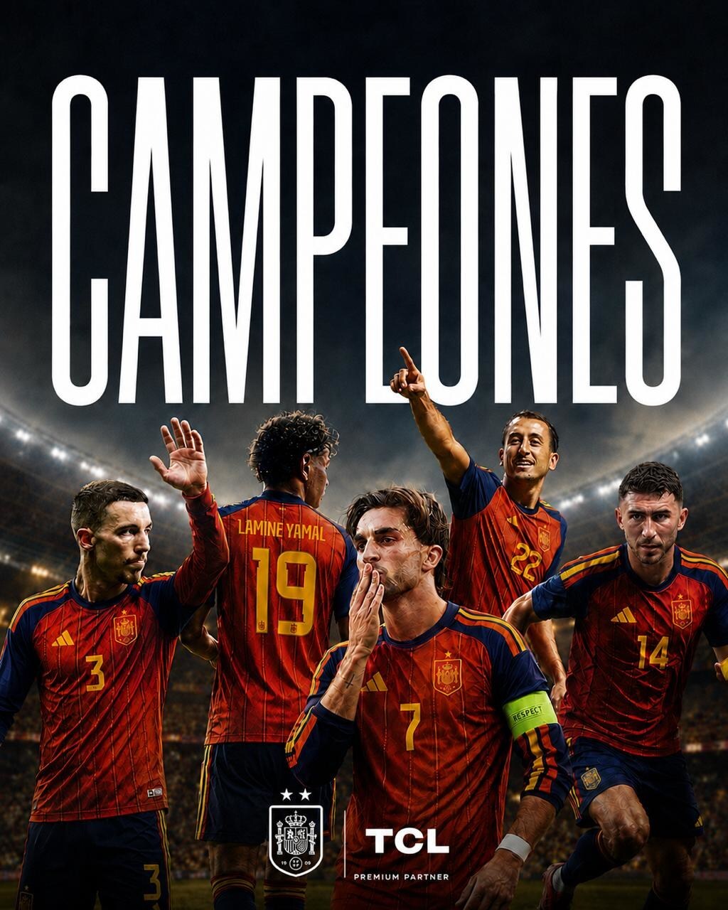 Spanish national football team players celebrate winning the championship in their red and gold kits.