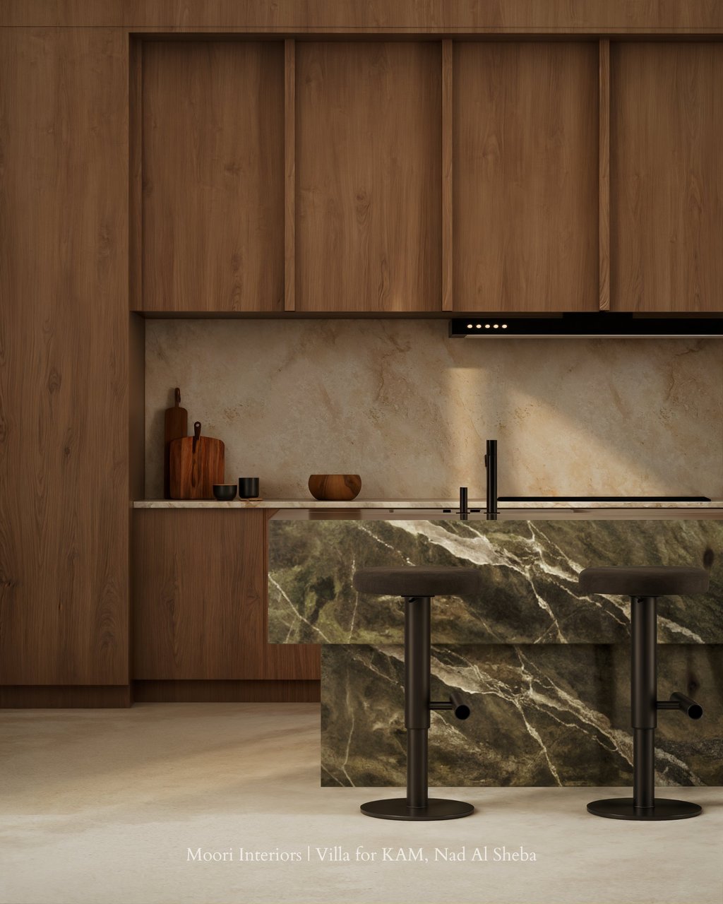 Wood cabinetry and a patterned green marble island in a contemporary kitchen.