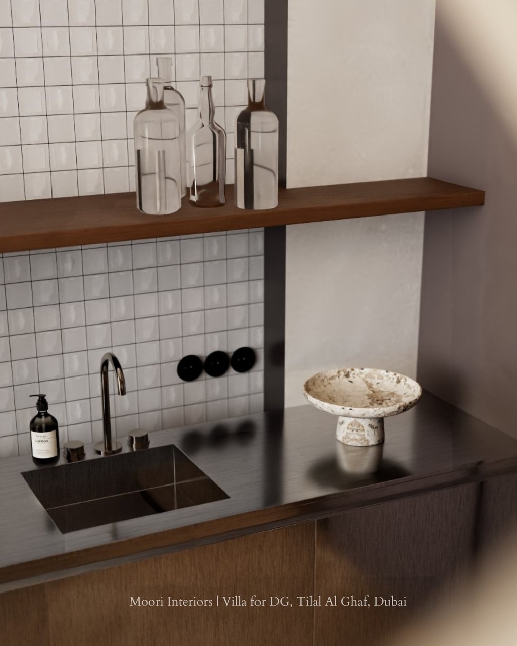 Modern sink area with a stainless steel countertop, white tiled backsplash, and a decorative bowl.