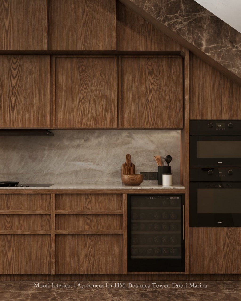 Modern kitchen with wooden cabinetry, marble backsplash, and a built-in wine fridge.
