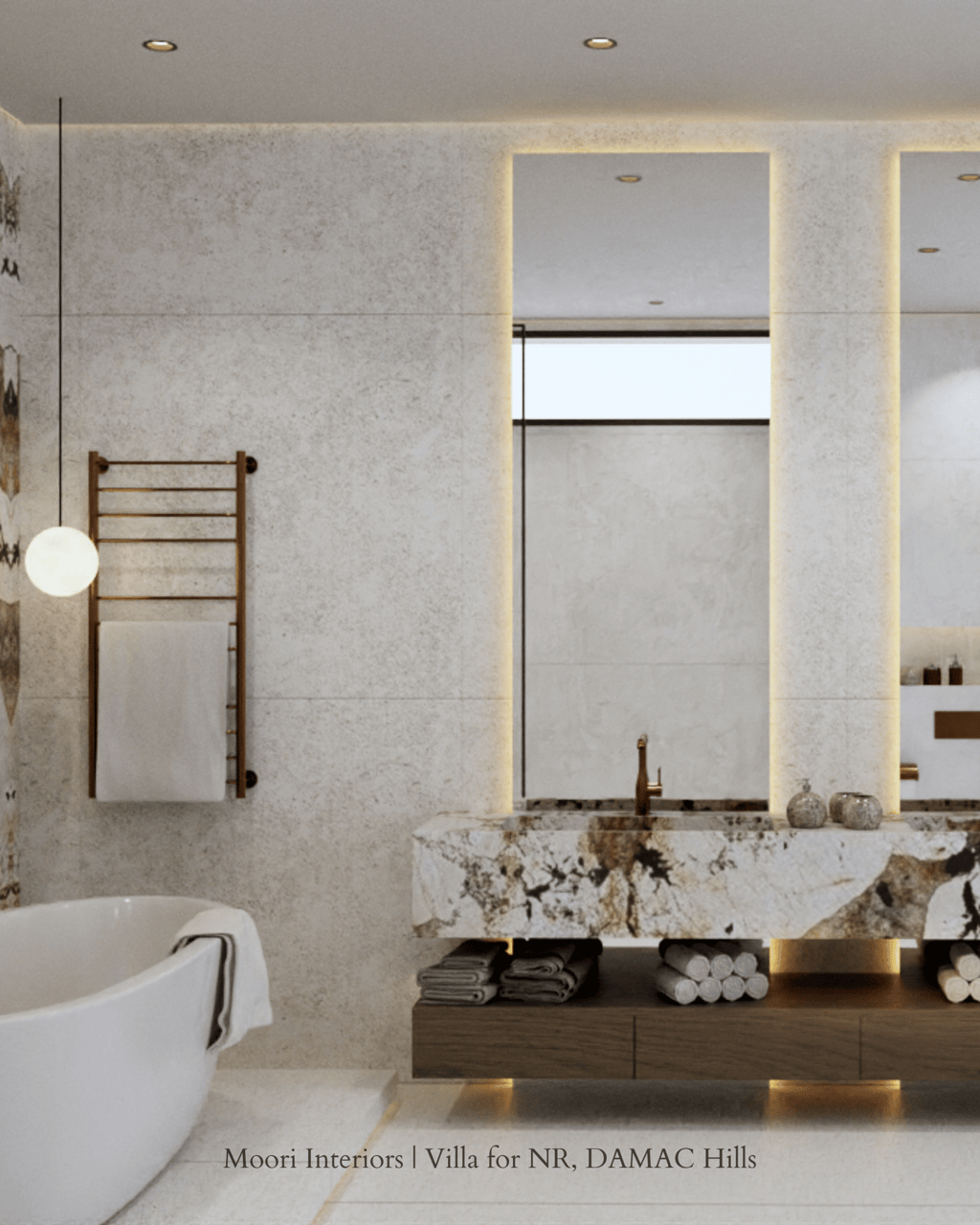 Bathroom with a Calacata Gold marble sink, a freestanding tub, and a heated towel rack.