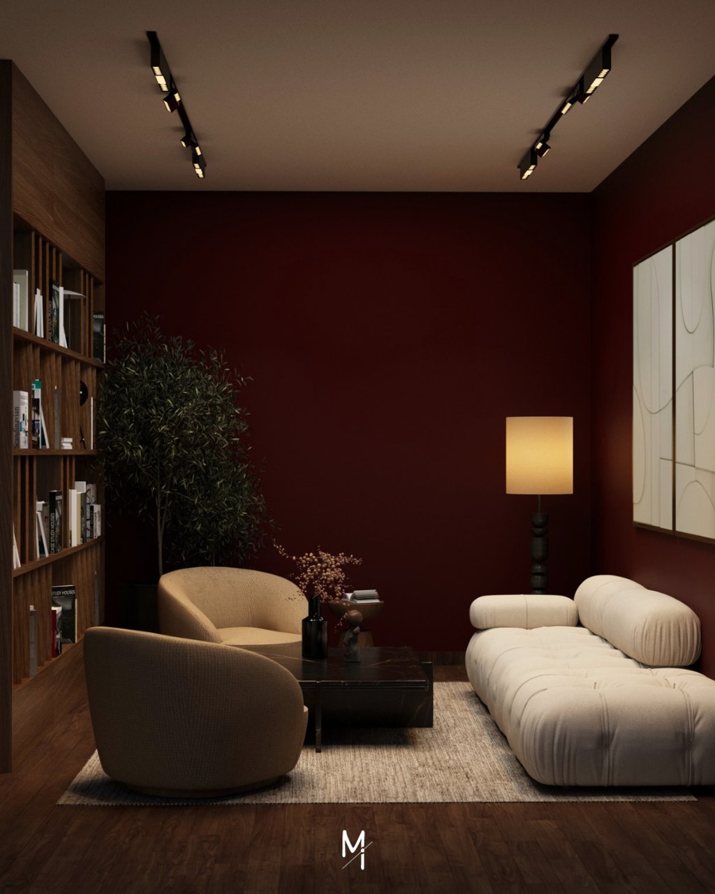 Dark toned living room creating a more enclosed and intimate spatial feel