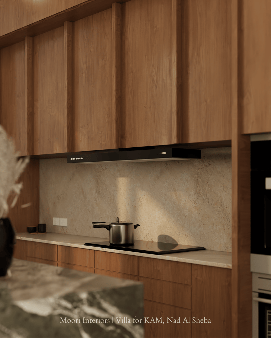 Contemporary kitchen cooktop with matte chimney, warm wood cabinetry, and soft ambient lighting