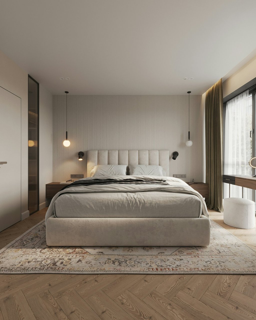 Elegant bedroom with upholstered bed, modern lighting, and patterned rug