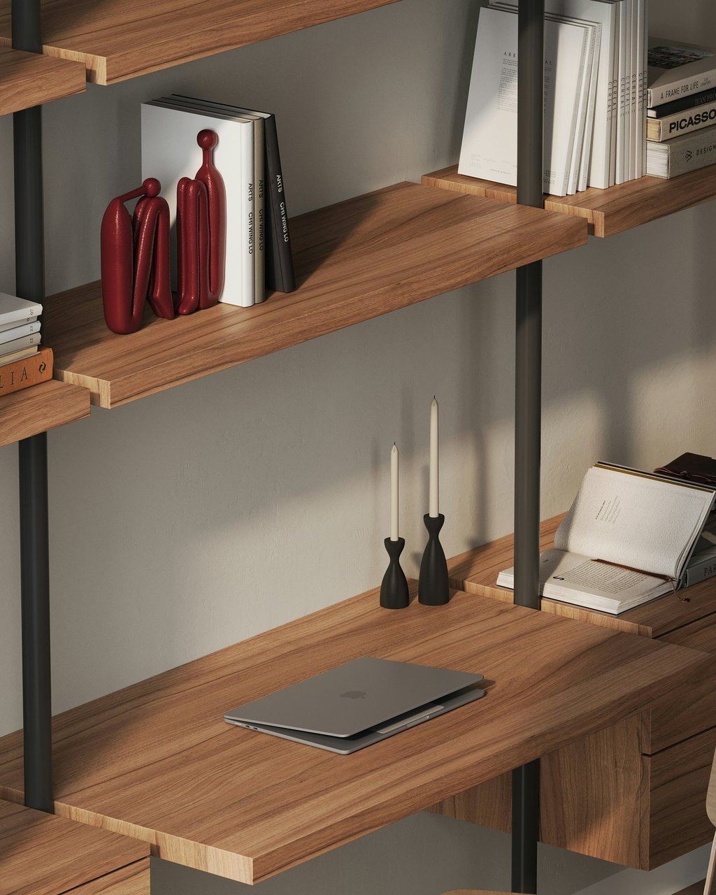 Minimalist ergonomic home office setup with dark wood desk and warm lighting.