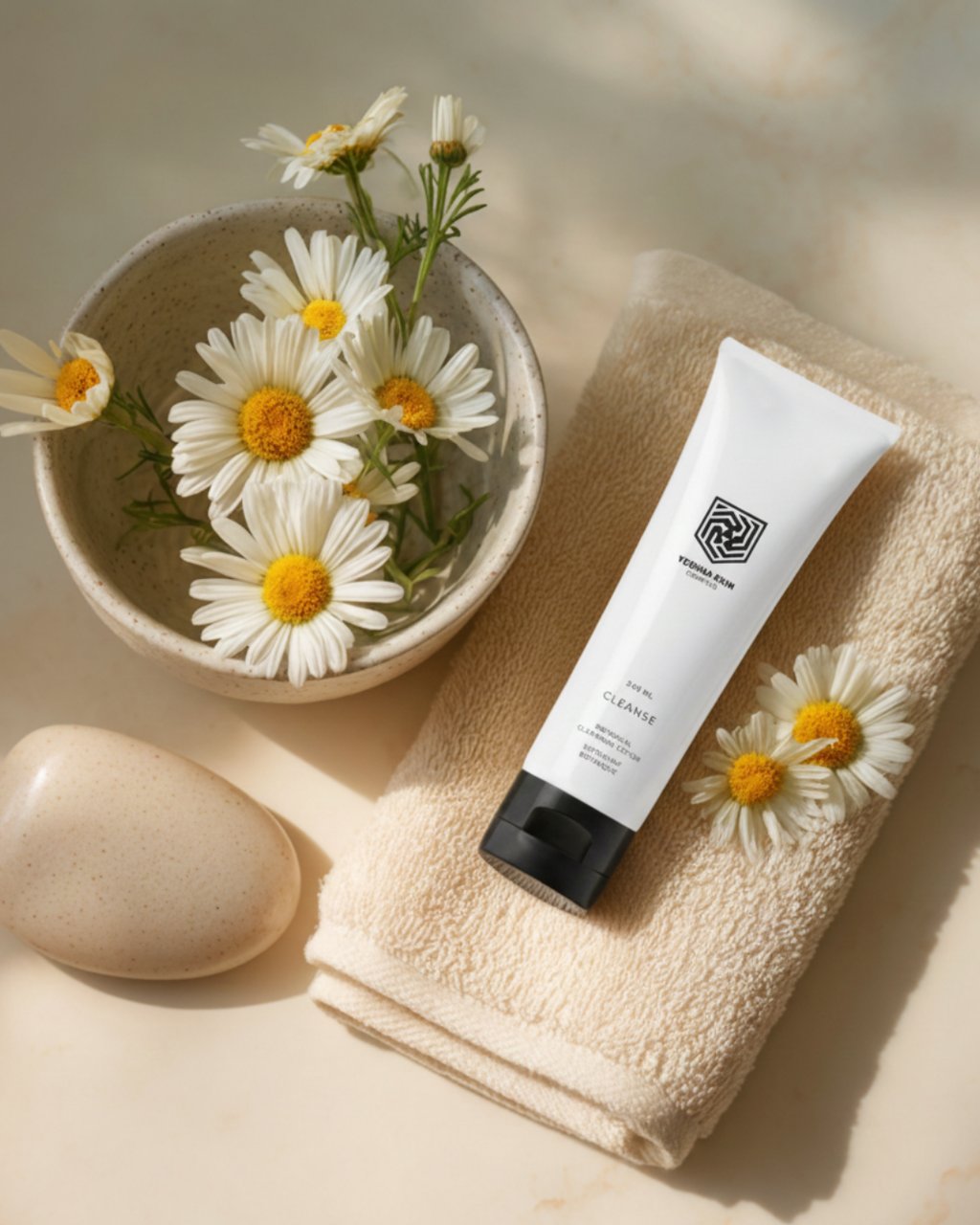 Natural foaming face cleanser tube on a beige towel with fresh chamomile flowers and a smooth stone.