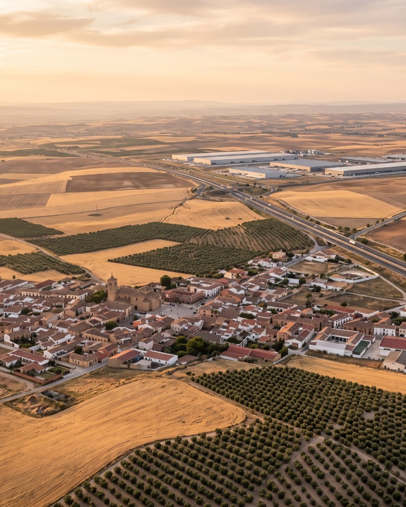 Vista aérea de La Mesa de Ocaña con campos, autovía y desarrollo logístico al fondo