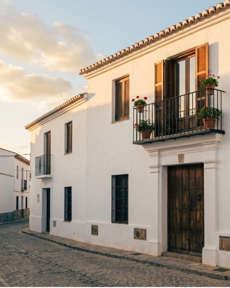 Fachada cuidada de una casa tradicional manchega con las contraventanas cerradas