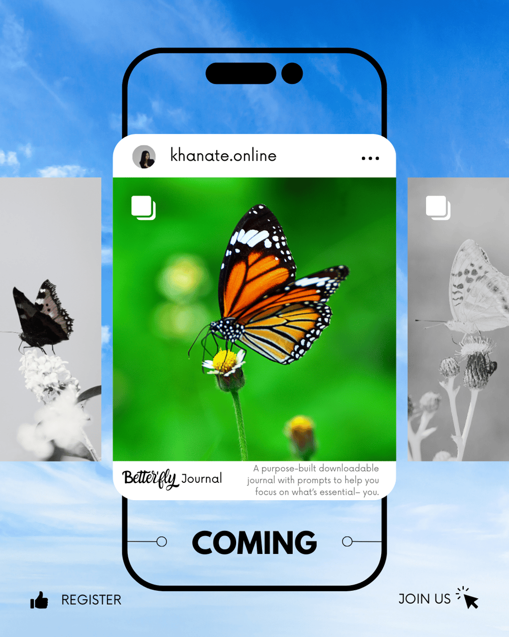 a phone screen showing a butterfly announcing journal coming soon