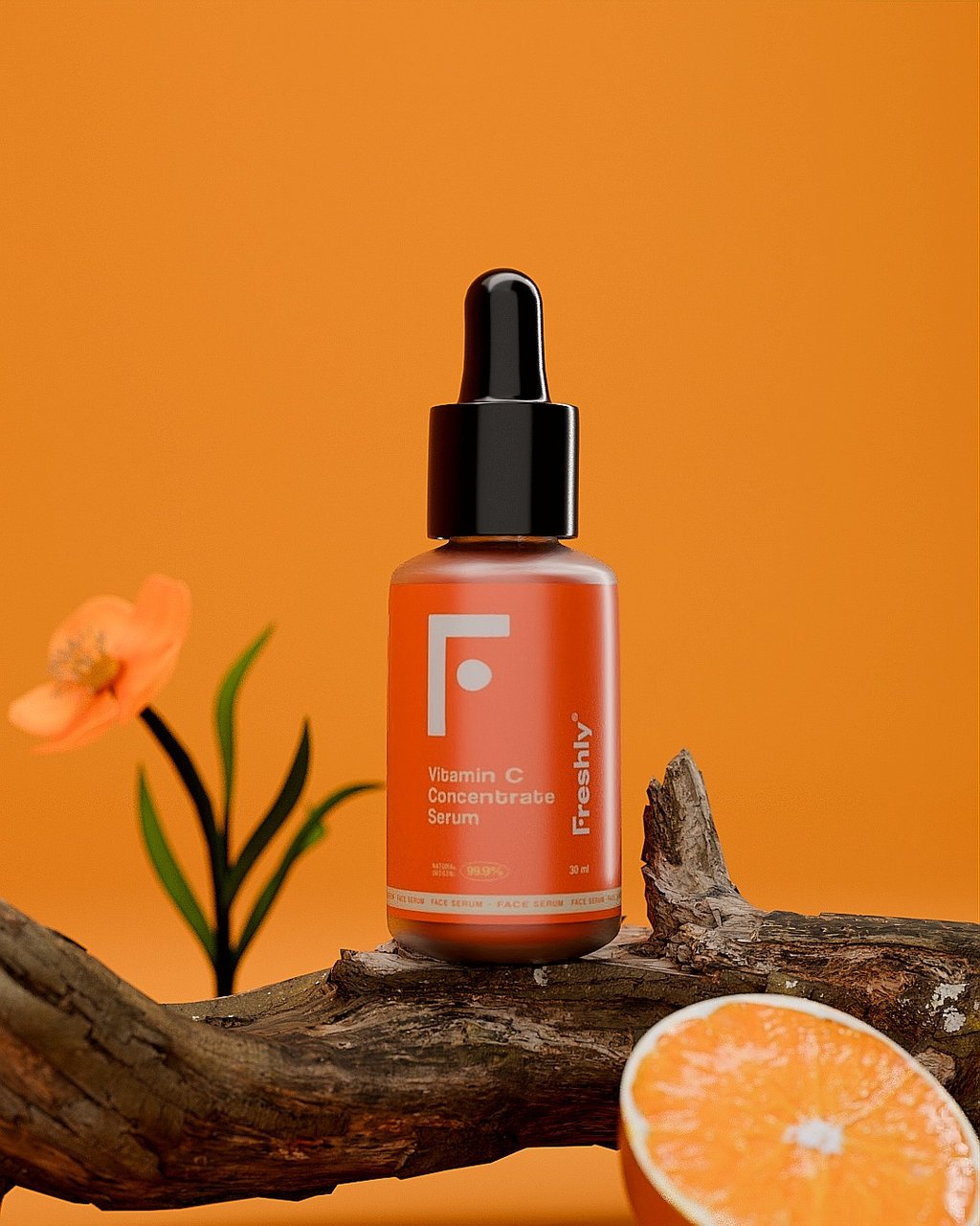Bote de vitamina c de la marca Freshly, encima de un tronco con una flor al lado y un trozo de naranja.