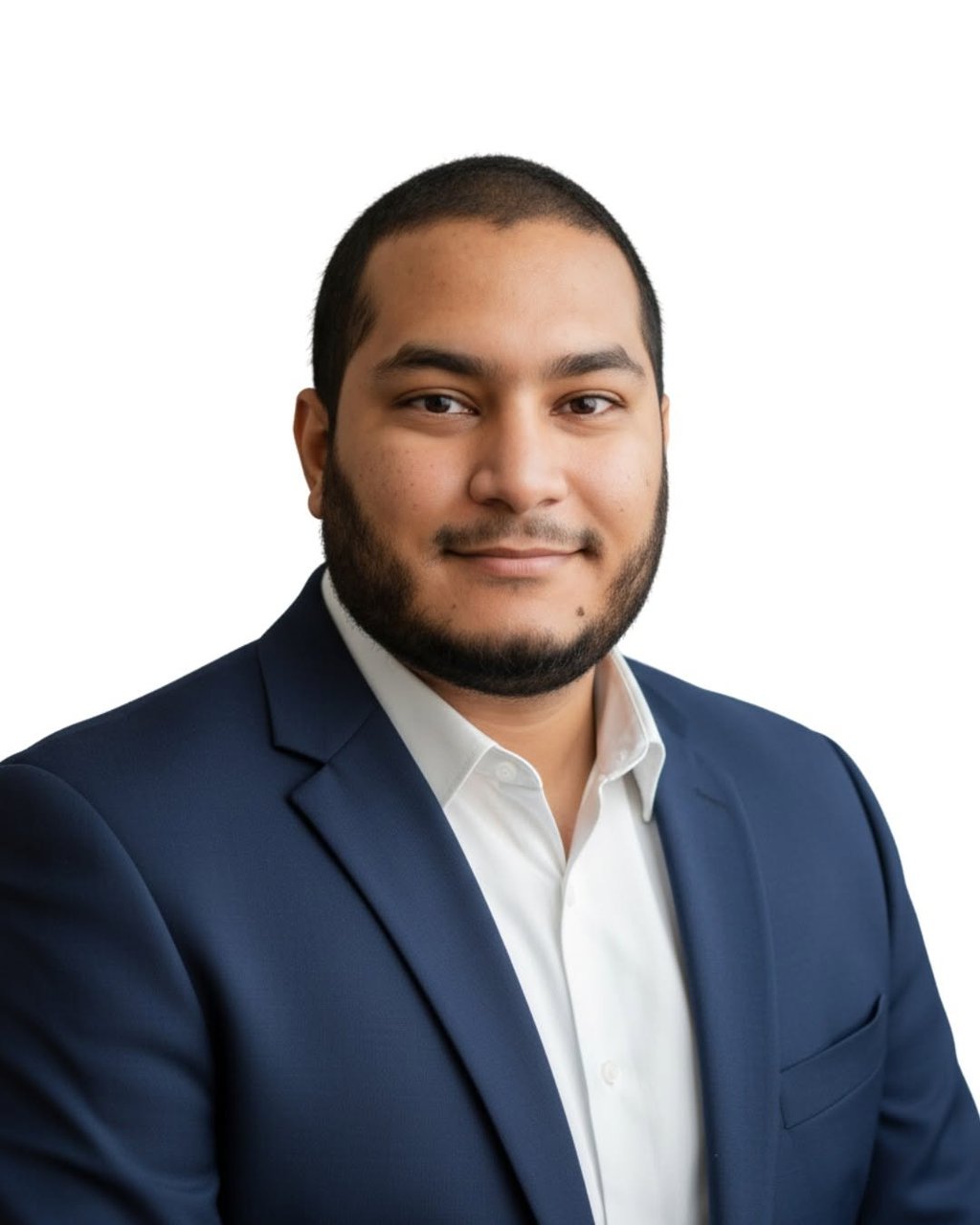 Professional headshot of a smiling man with a beard wearing a navy blue suit and white shirt.