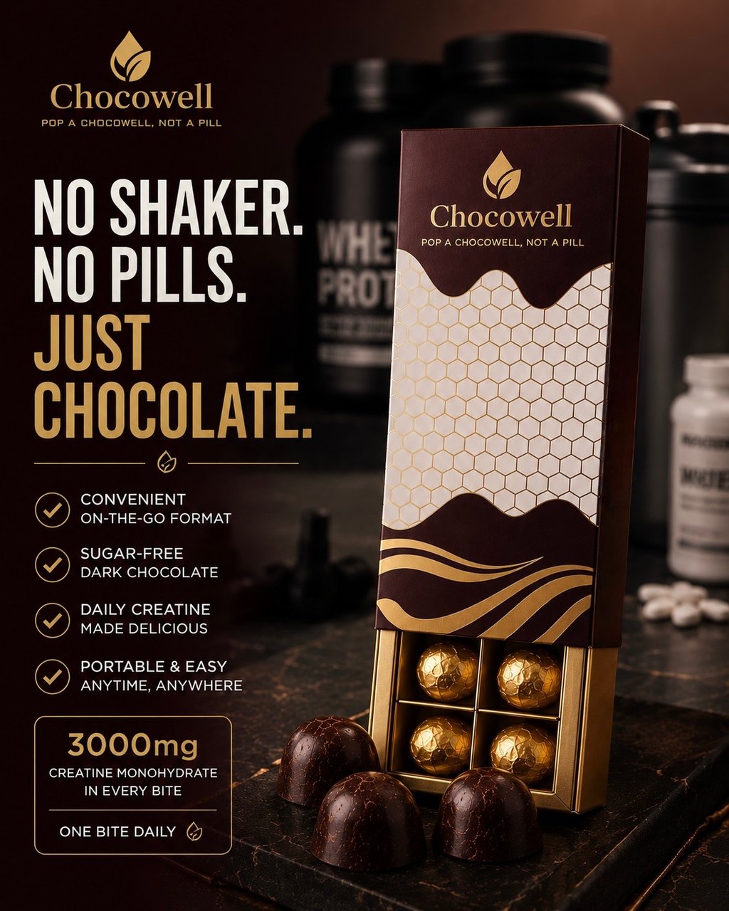 Sugar-free dark chocolate creatine monohydrate bites by Chocowell, a portable supplement alternative to pills.