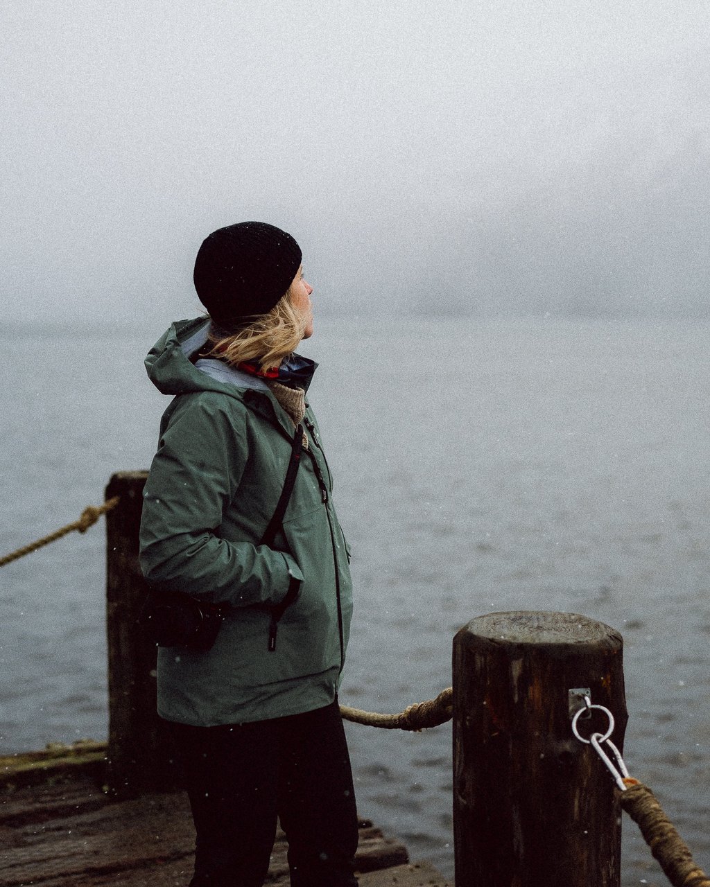 photo of a women wearing a finistere coat in scotland