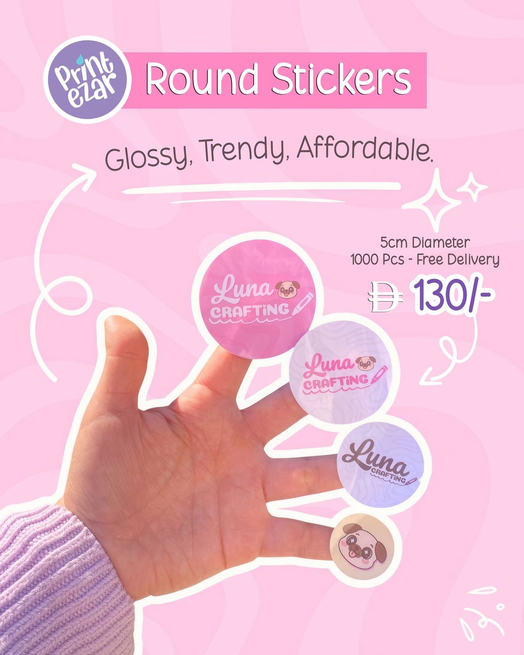 Custom round sticker printing UAE - AED 130 for 1000 pcs glossy stickers by Printezar.