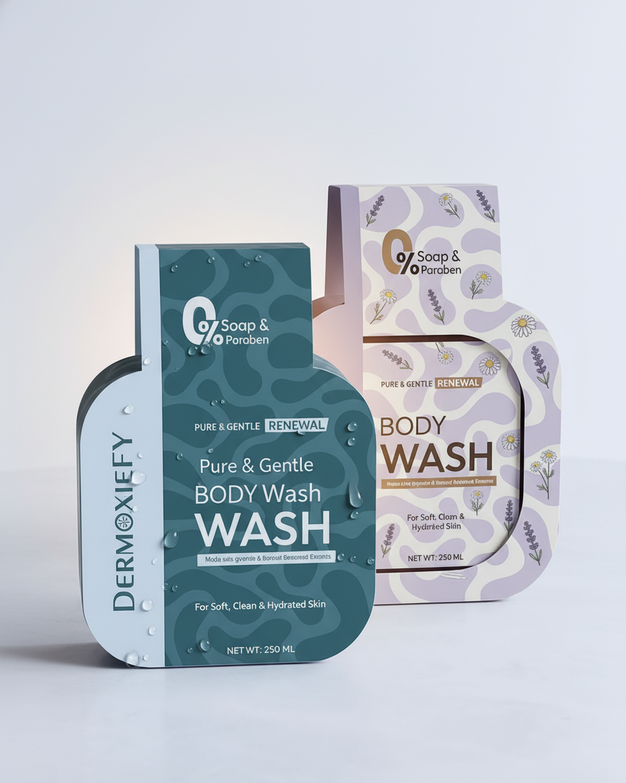 Dermoxiefy paraben-free body wash bottles in teal and lavender floral packaging for sensitive skin.