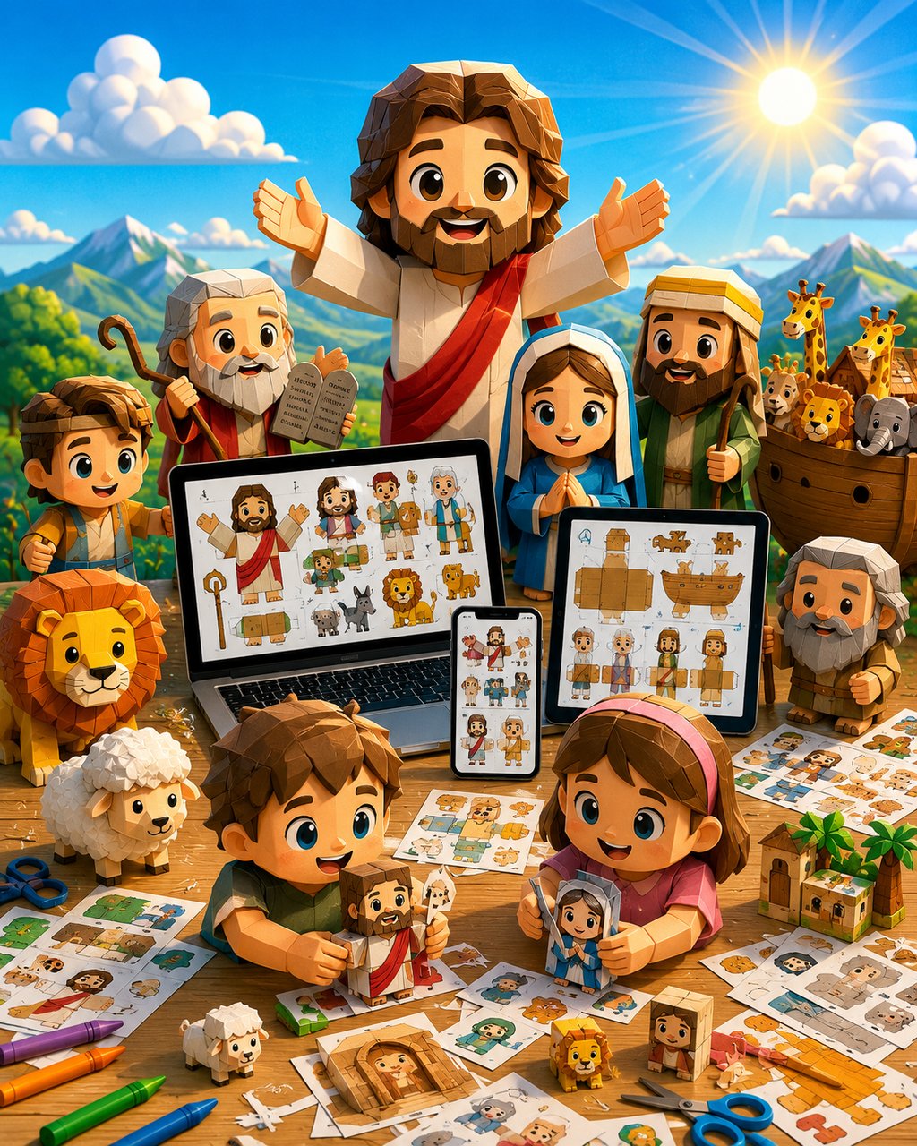 Children playing with 3D paper crafts of Jesus and Bible characters using digital templates on a laptop and tablet.