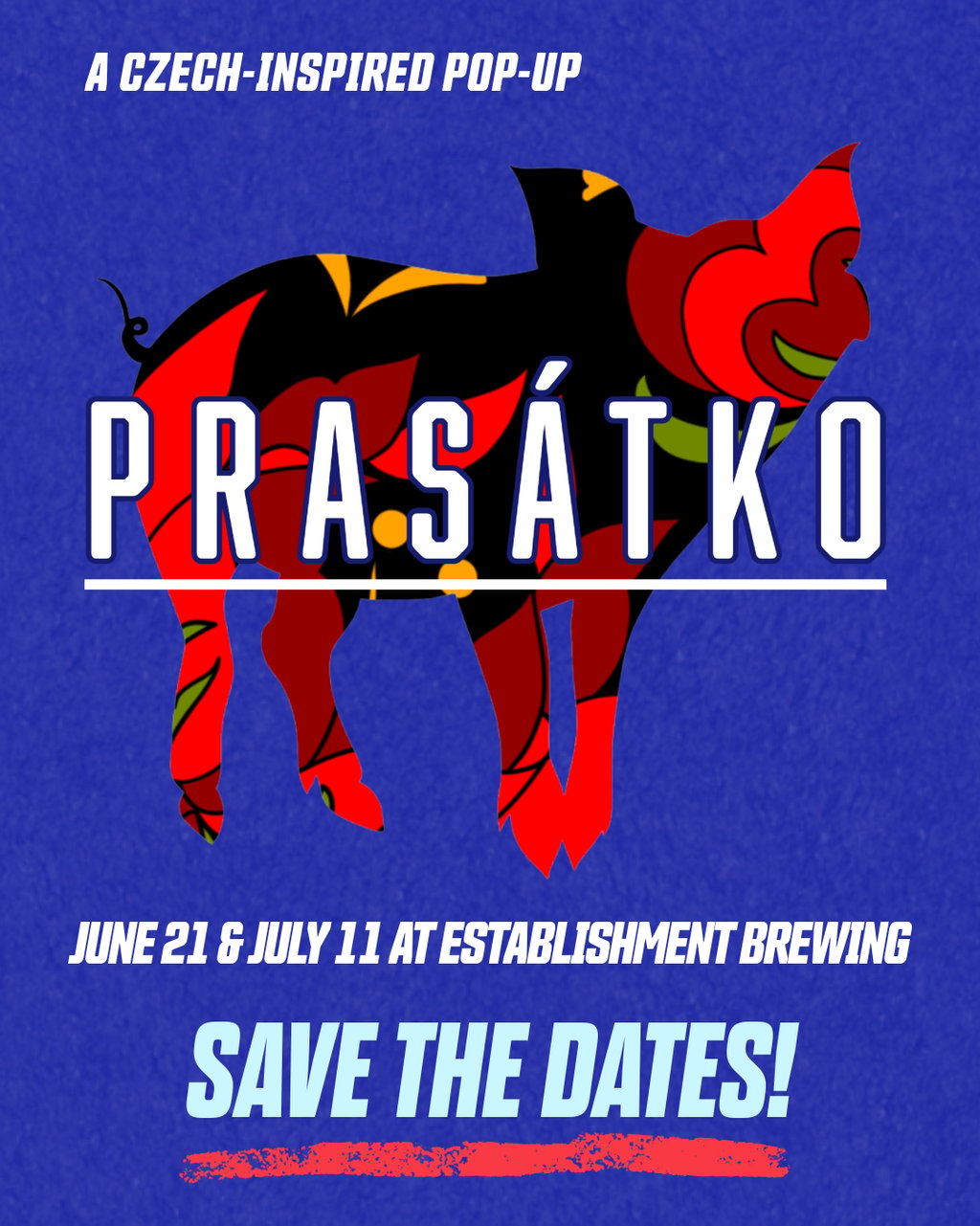 PRASATKO czech food pop-up logo of a colourful pig with font overlay