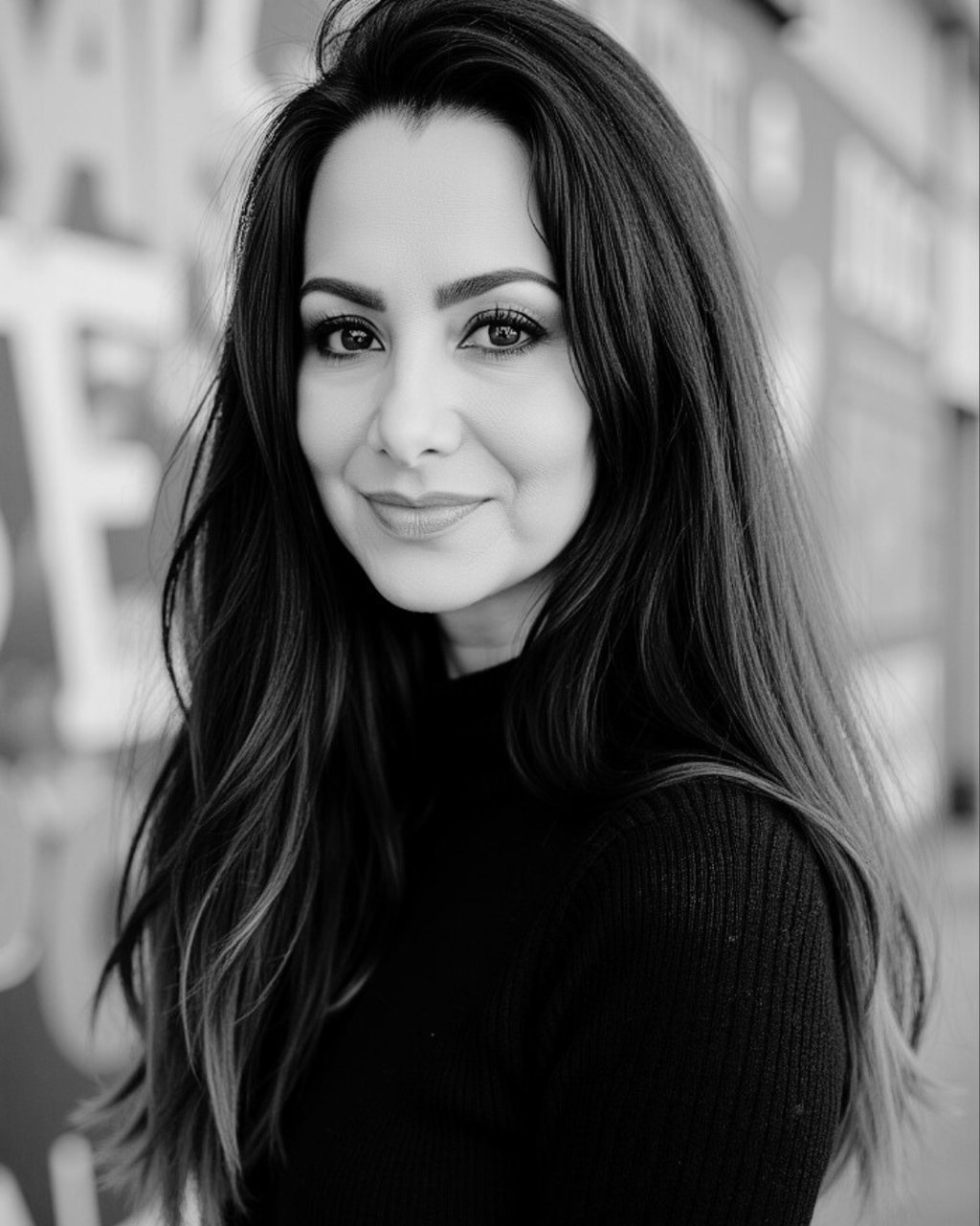 LVF is a beautiful woman with long brown hair standing in front of a colorful mural wall.