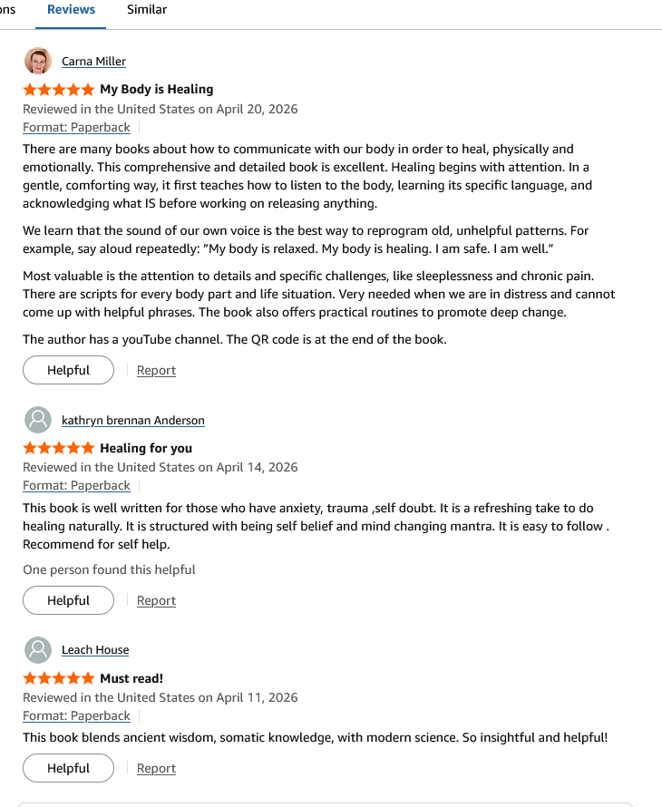 Customer reviews for a wellness book on healing, trauma, and somatic knowledge on an e-commerce page.