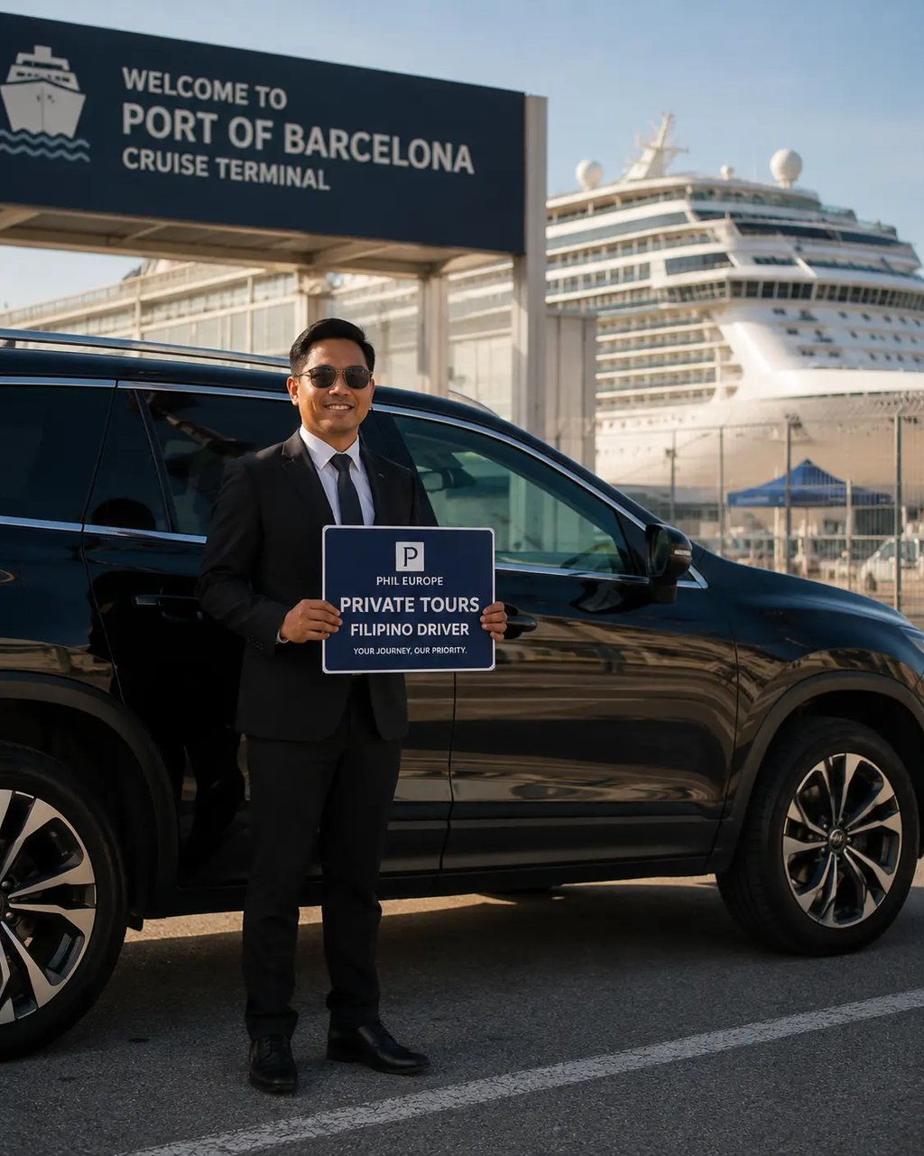 Filipino driver in Barcelona welcoming cruise passengers at the port terminal