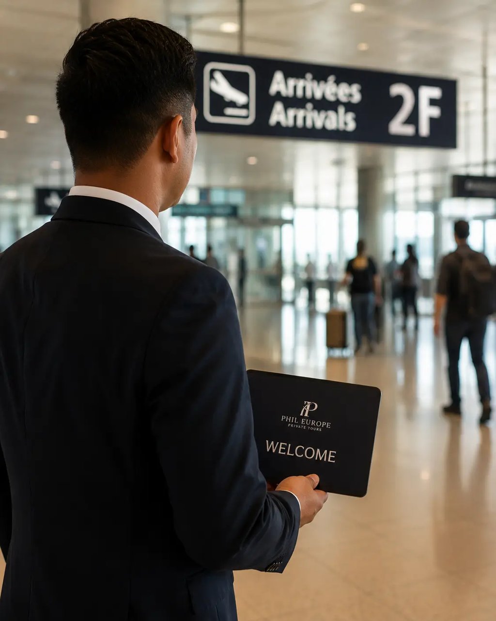 Filipino driver in Paris welcoming travelers at Charles de Gaulle airport arrivals