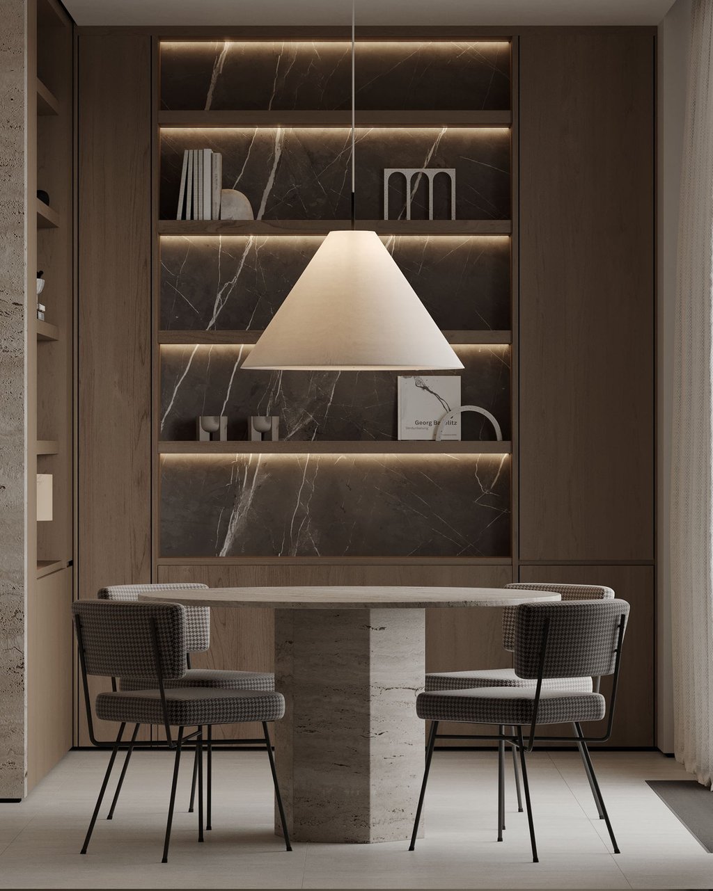 3D render of dining area with stone table, upholstered chairs, wooden shelves, marble back panel, and pendant light.