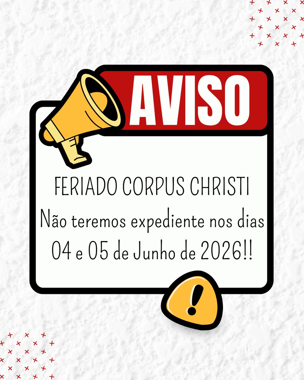 Aviso de feriado Corpus Christi anunciando que não haverá expediente nos dias 4 e 5 de junho de 2026.