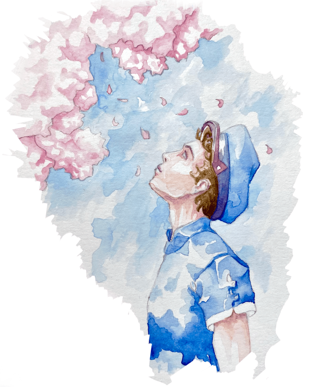 Illustration of a young man in blue at a profile looking up at cherry blossom