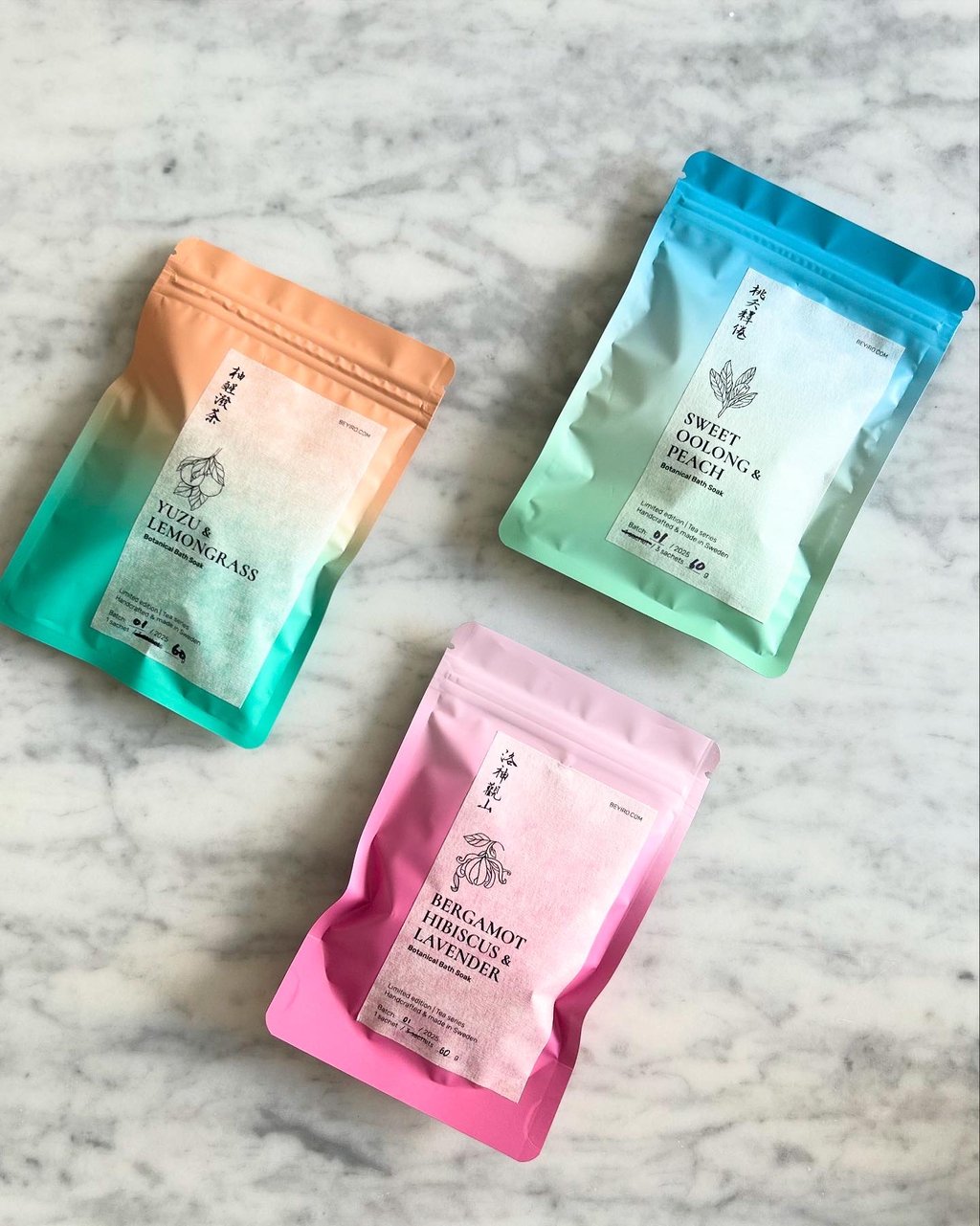 three different tea series botanical bath soaks. Premium day spa and self care product -single use.