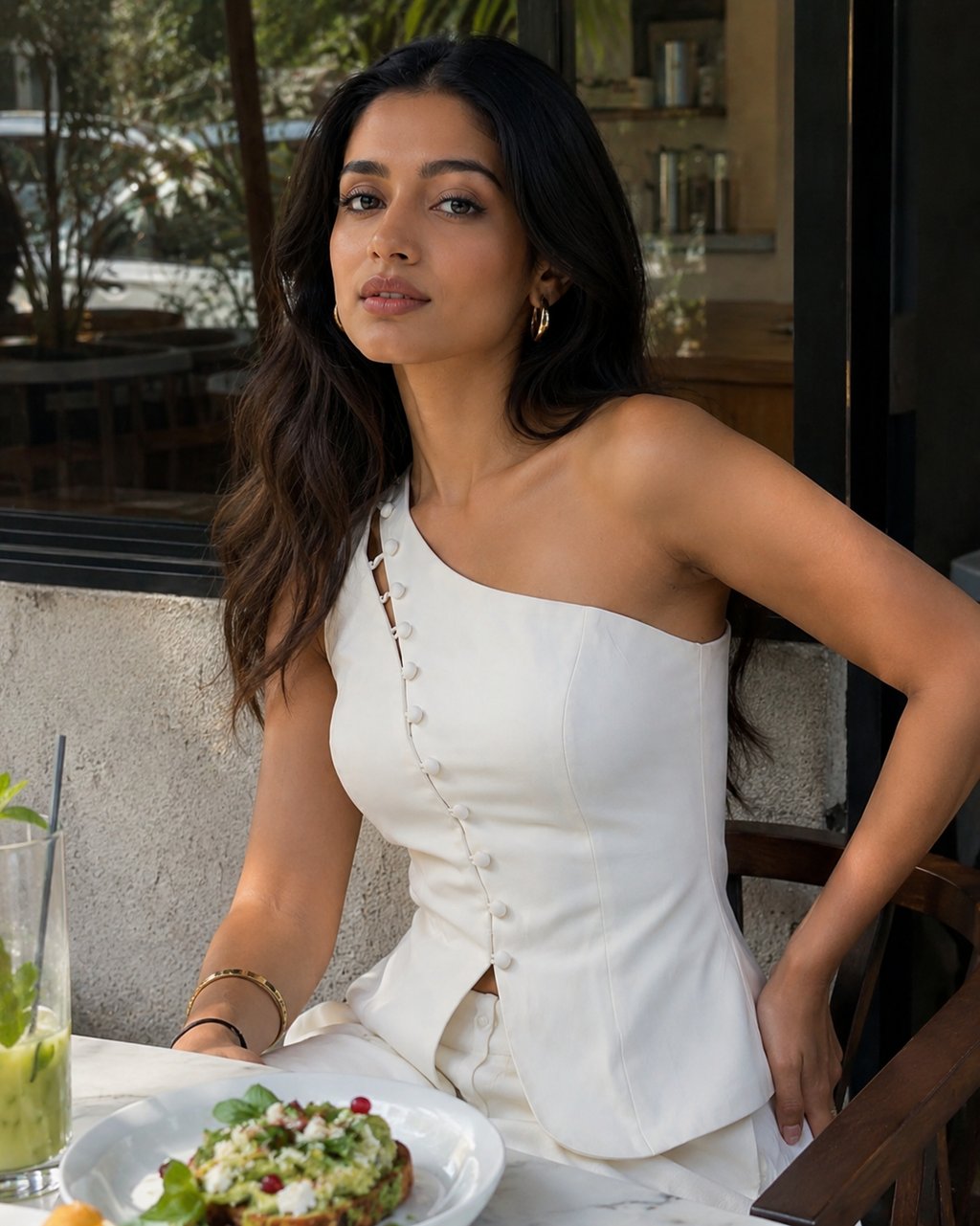 A stylish woman in a white one-shoulder top sitting at an outdoor cafe with an avocado toast plate.