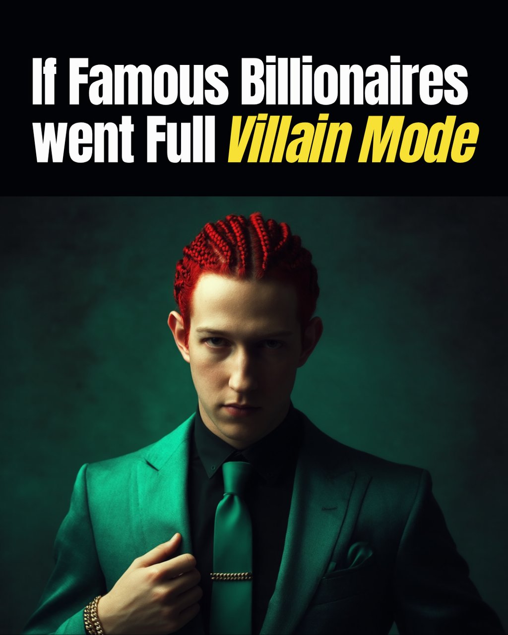 a man with red hair and a green suit