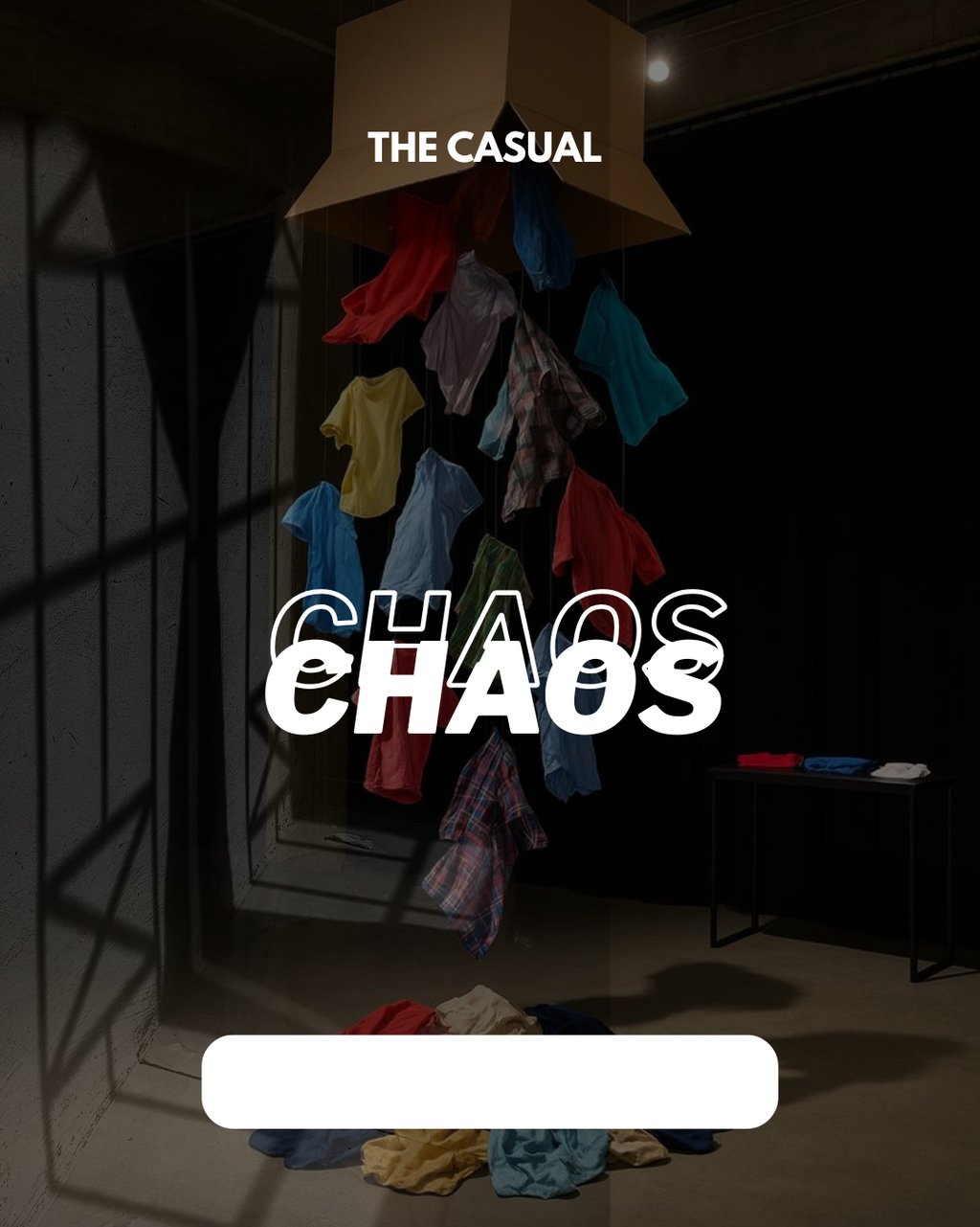 The Casual Chaos clothing installation with suspended colorful shirts and modern typography.