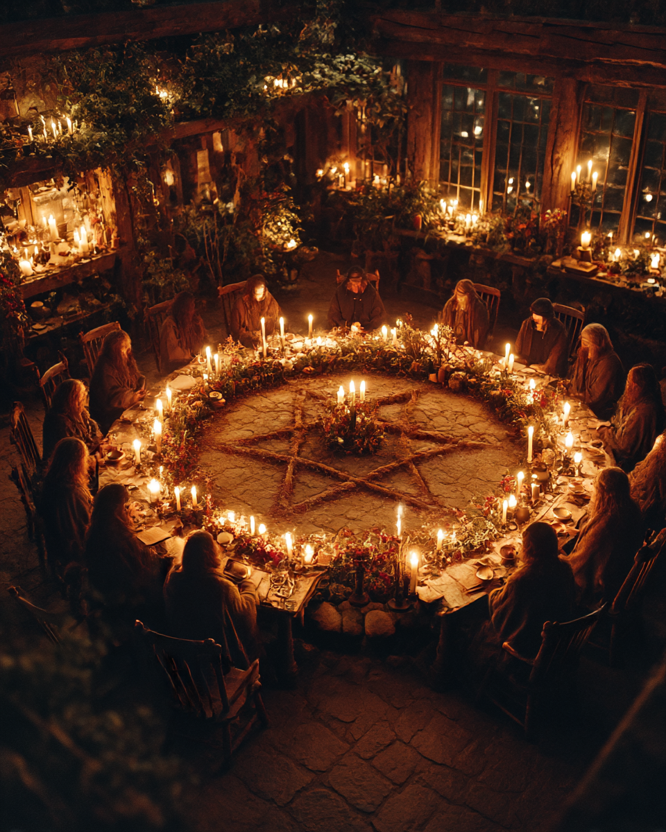 cercle de femmes assise autour d'une table ronde célèbrent le sabbat de yule et le retour du soleil