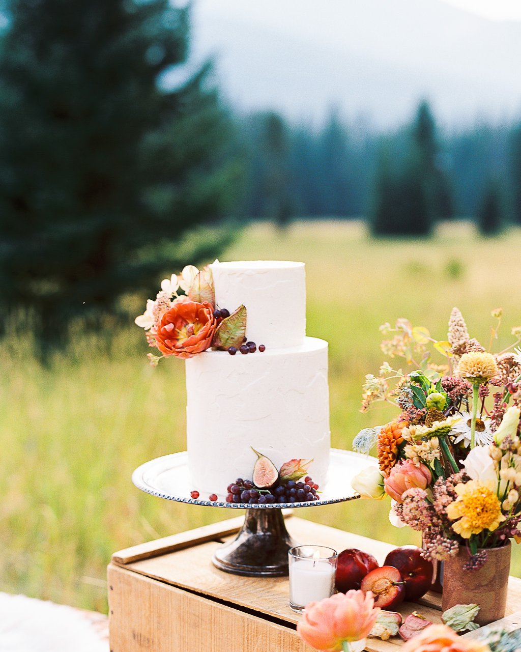 Minimalist white wedding cake for an outdoor elopement in Bozeman Montana