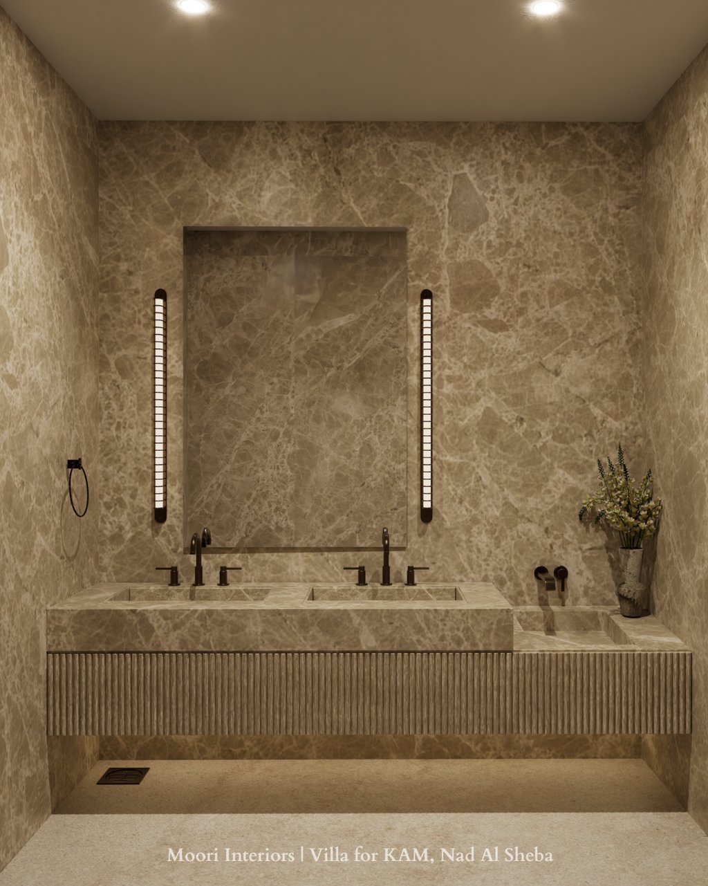 Double sink vanity with a ribbed base and a marble countertop.