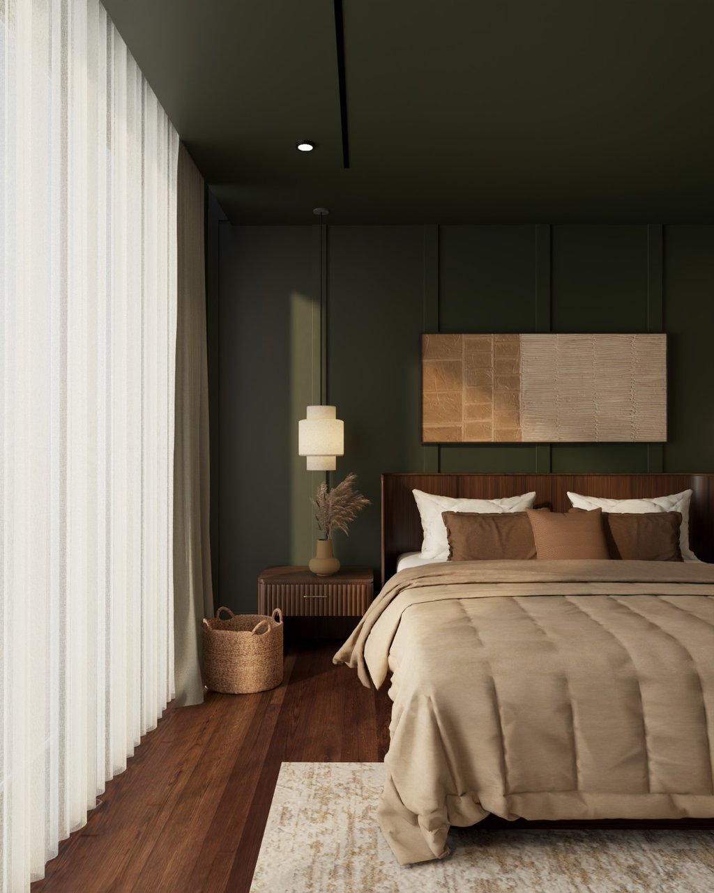 High contrast bedroom with darker tones creating a more stimulating sensory environment