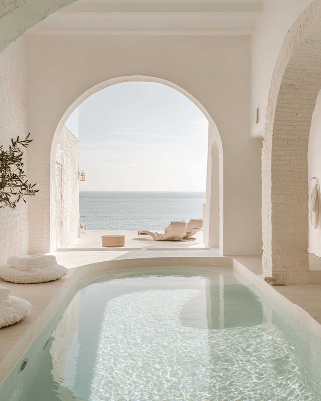 Luxury indoor plunge pool with white stone arches overlooking the ocean at a Mediterranean resort.