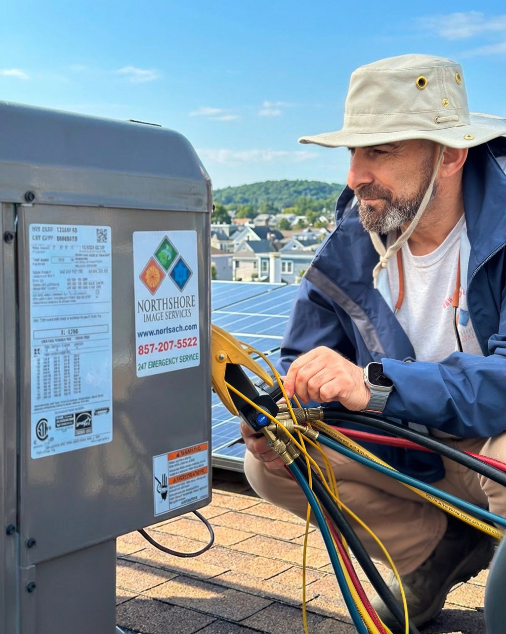 Lewis E. Performing a AC diagnostic by checking refrigerant levels on a York condenser.
