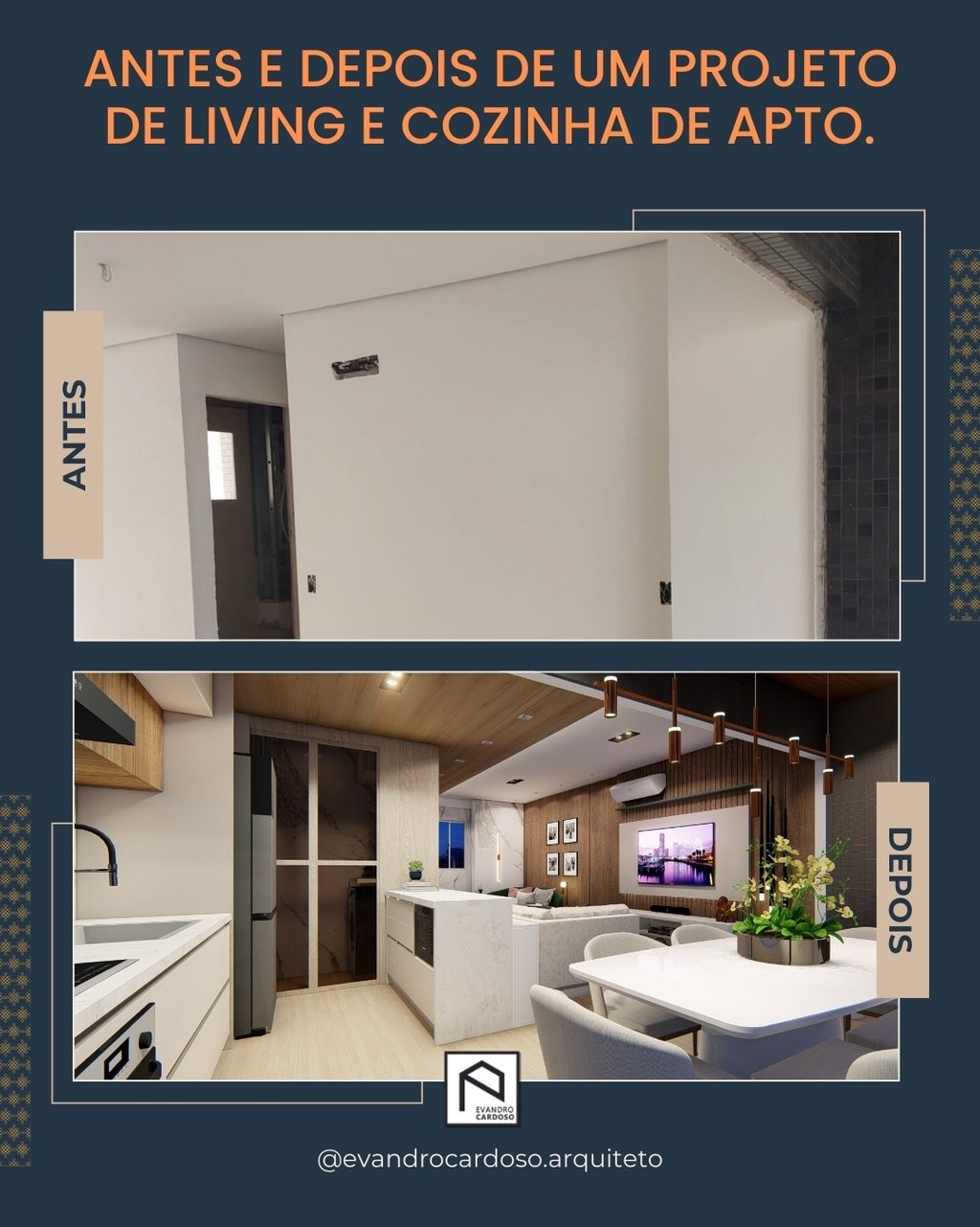 Antes e Depois de projeto de Arquitetura e Interiores de Cozinha e Living em São Paulo