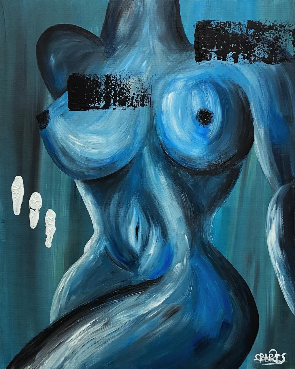 une peinture abstraite dans les tons bleus du corps d'une femme nue de face