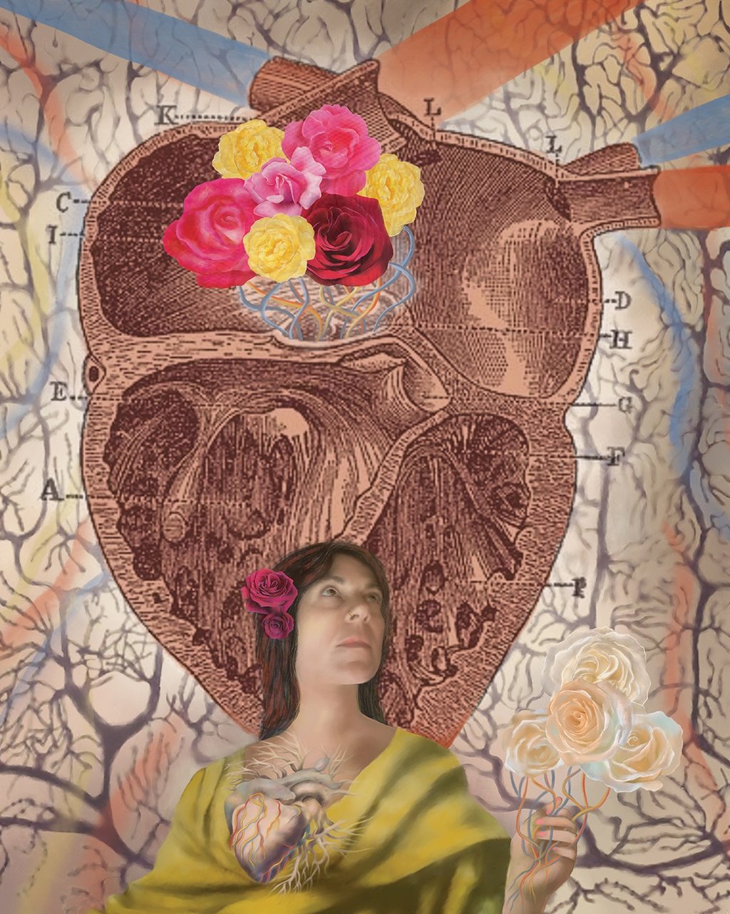 Surreal digital collage featuring a woman and anatomical heart diagram with colorful blooming roses.