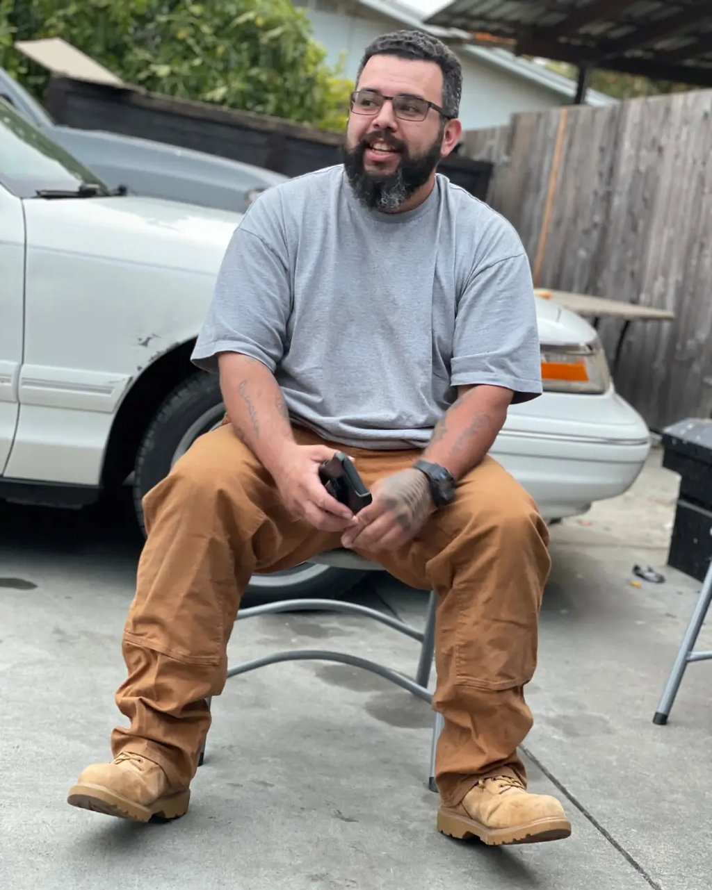 Sonoma Junkers co owner Luis sitting on a chair