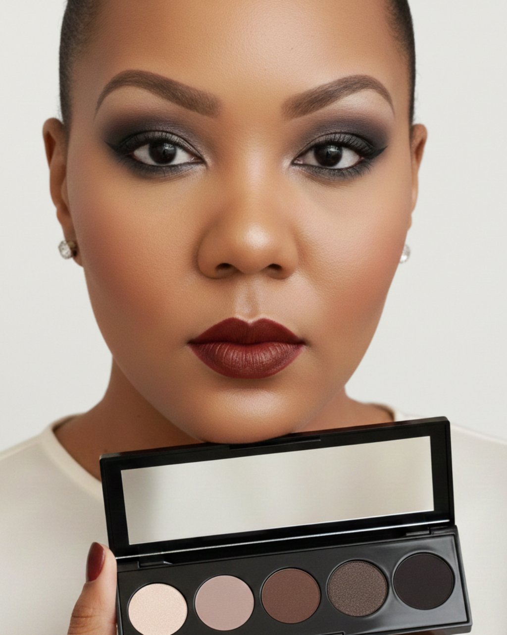 A woman with smokey eye makeup and bold red lipstick holding a neutral eyeshadow palette.