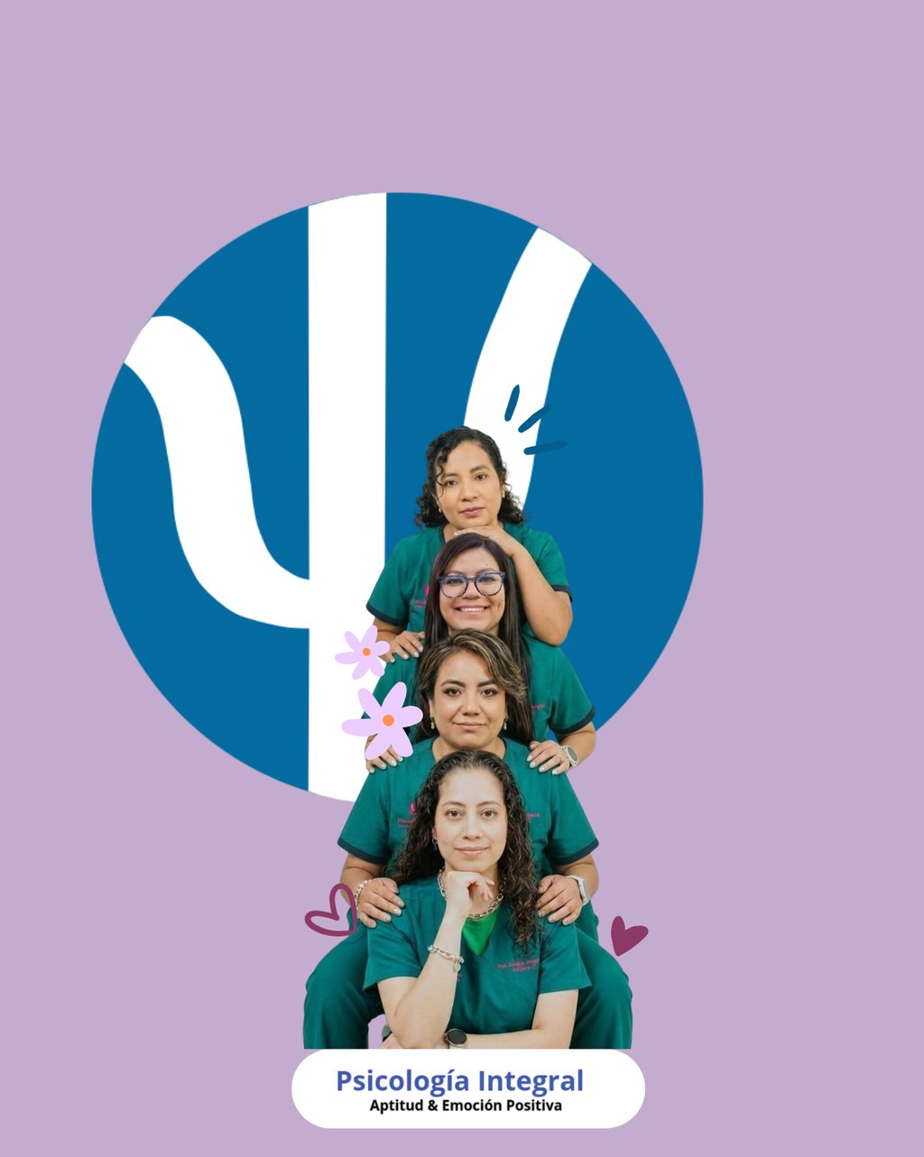 Four female mental health professionals in green scrubs posing in front of a blue psychology symbol logo.