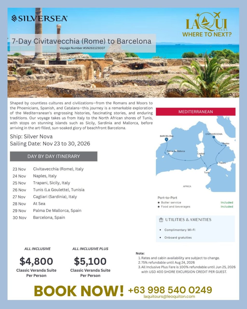 7-day Civitavecchia to Barcelona LaQui Tours